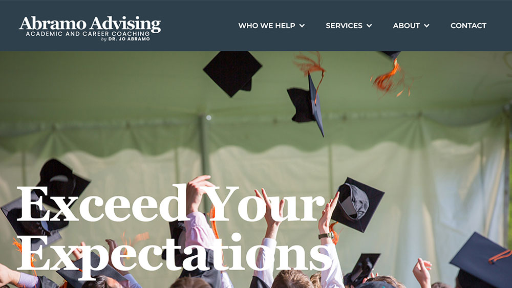 Dr. Joanna Abramo's website for coaching and students with special needs, designed by Design Is The Message