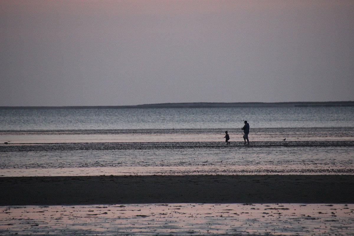 A fathaer and son stroll on the Eastham mud flats on Cape Cod